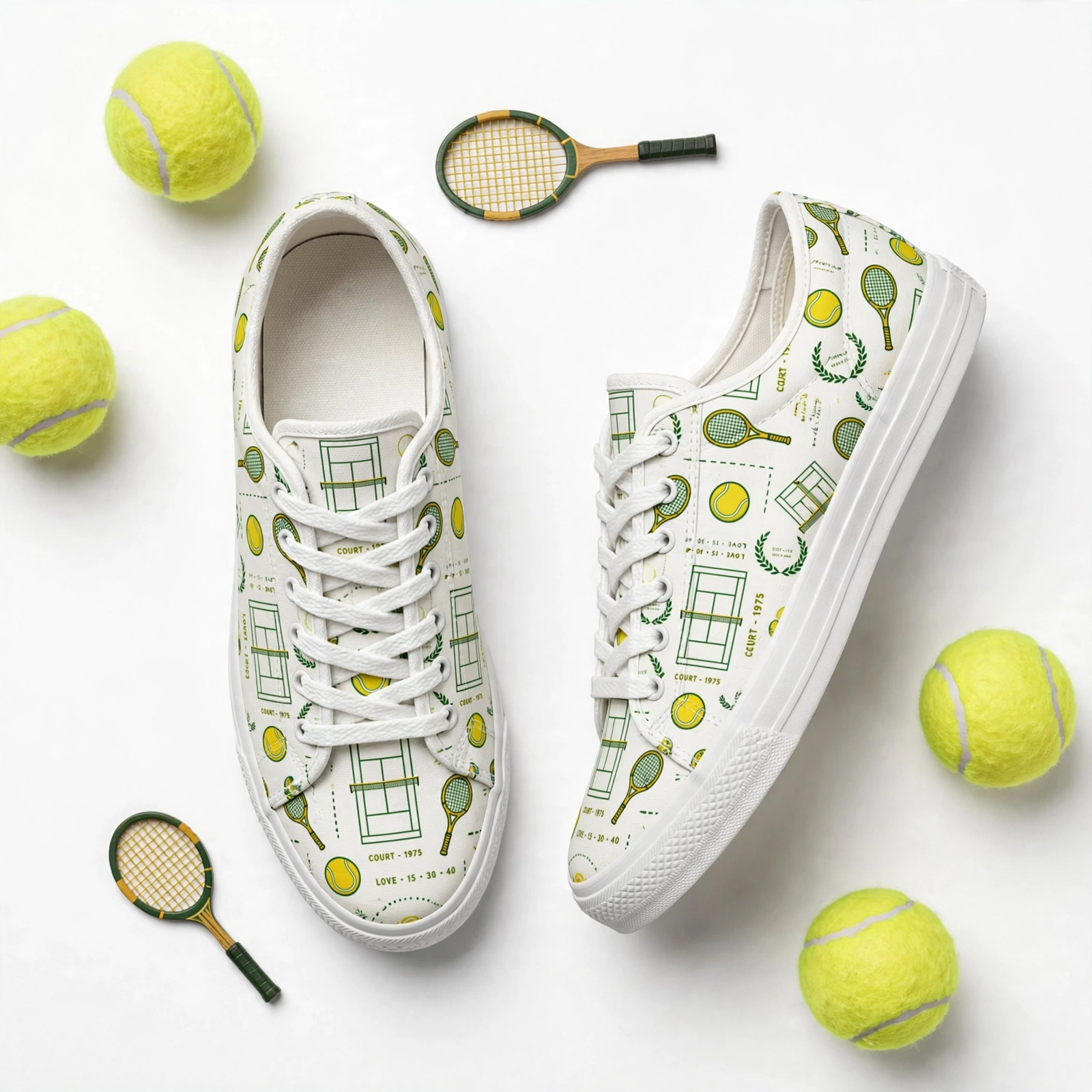 Vintage Tennis Print Sneakers – Retro Court Pattern Low Top Shoes